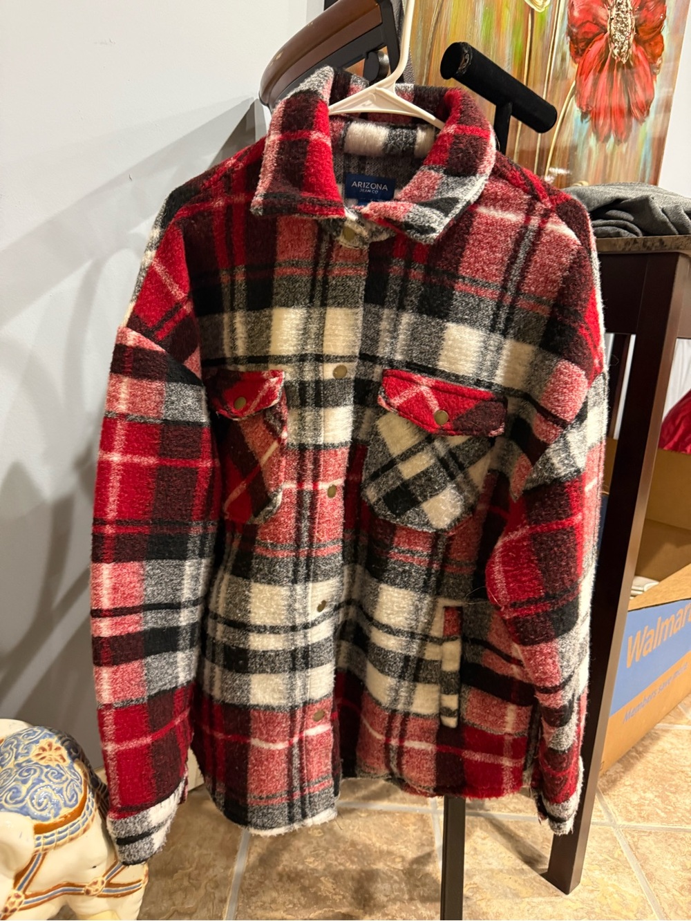 Arizona Jean Company Red Black Cream Plaid Button-Up Jacket Shacket